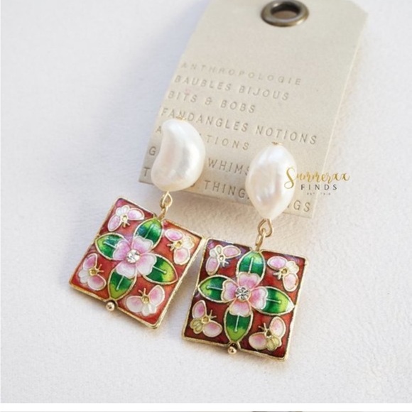 NWT Anthropologie Cloisonne Pearl Drop Earrings - Picture 3 of 7